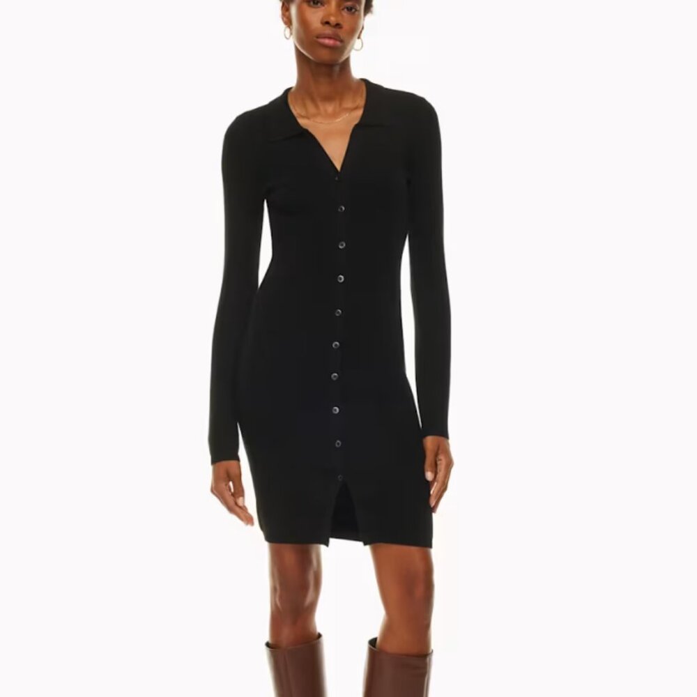 Button Up Long Sleeve Dress - Black